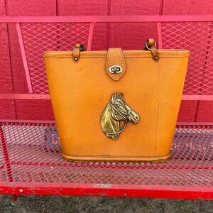 Vintage Equestrian Horse Head Leather Tote Bag Wooden Base Western Riding Purse